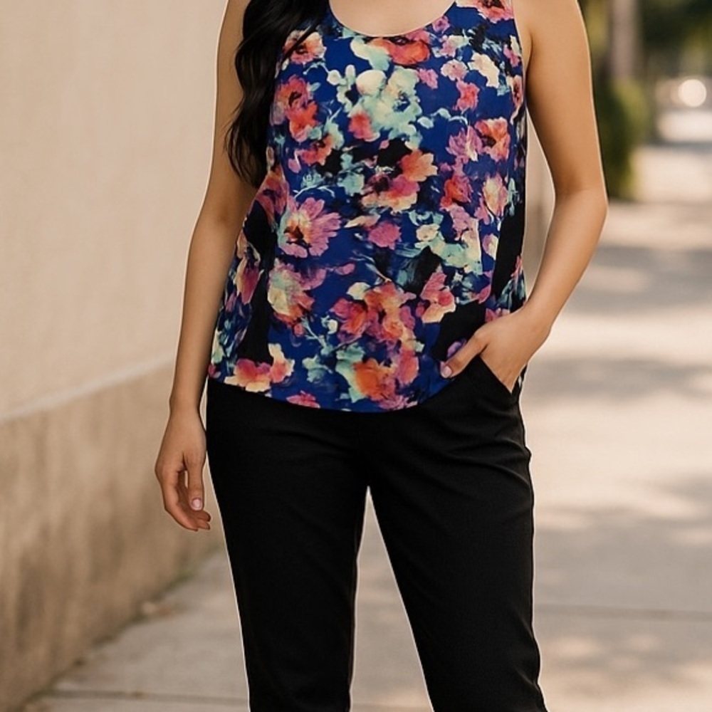 NICOLE MILLER FLORAL SHEER CASUAL BEACH POOL VACATION SUN TANK TOP SIZE L